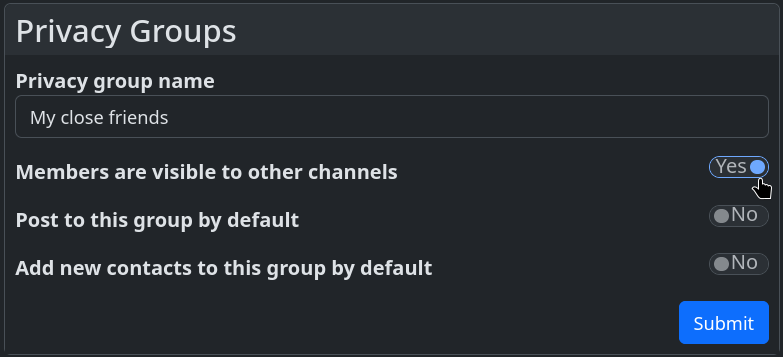 The privacy group tool with 'Members are visible to other channels' set to 'yes'. The privacy group tool with 'Members are visible to other channels' set to 'yes'.